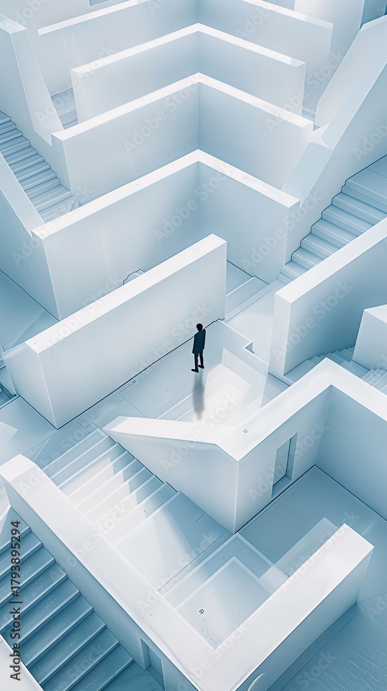 Obraz premium Businessman in vast white minimalist maze. Abstract architectural concept of challenge, decision-making, and future path.