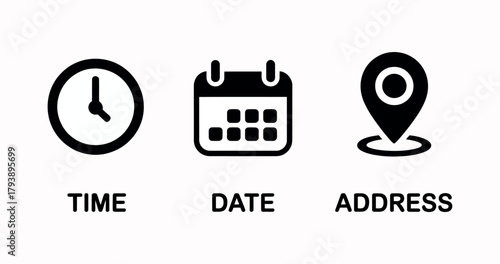 Time date address icon, calendar clock and location vector illustration