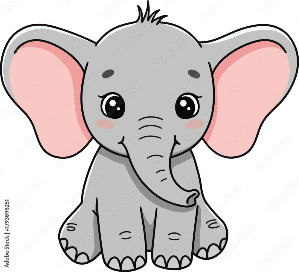 Obraz premium Adorable cartoon baby elephant illustration. Sweet grey animal character with big pink ears, perfect for kids' designs, nursery decor, or whimsical wildlife themes