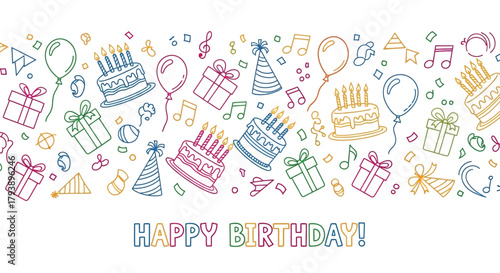 Colorful Hand-Drawn Doodle Border with Birthday Party Elements