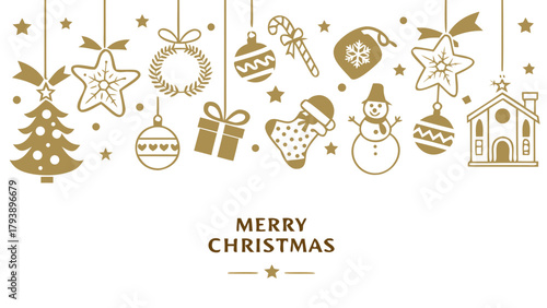 Merry Christmas Type Gold Decoration Ornaments Border on transparent Background. Christmas Bauble Ornaments Gold transparent Background.