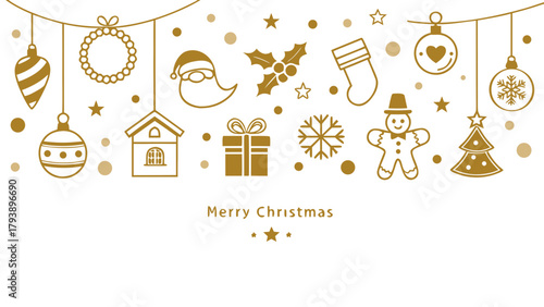 Merry Christmas Type Gold Decoration Ornaments Border on transparent Background. Christmas Bauble Ornaments Gold transparent Background.