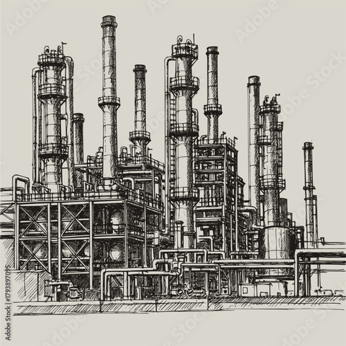 Chemistry or oil refinery plant. Sketch image of an industrial object for advertising and presentation purposes. Vector, EPS version.