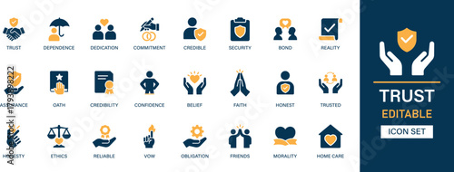 Trust icon set collection. Dependence, dedication, credible, security, bond, reality, assurance, oath, credibility, confidence and best solid icon set.