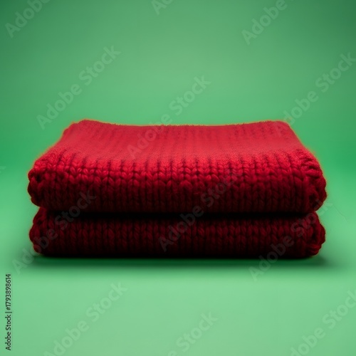 A neatly folded red knitted blanket placed on a vibrant green background, showcasing texture and color contrast in a simple still life composition
