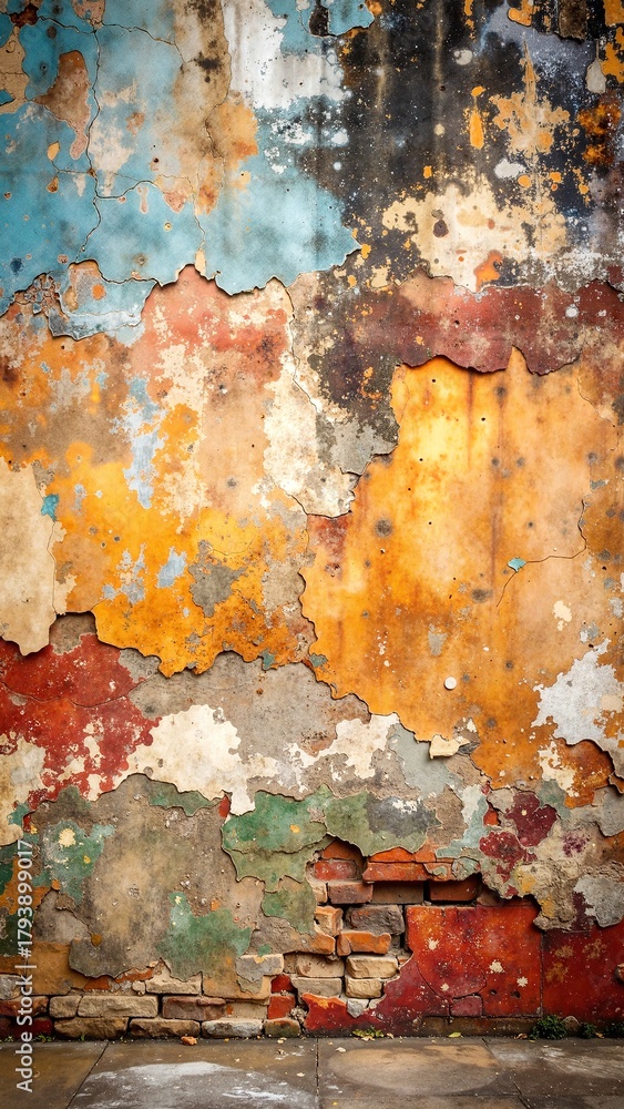 Fototapeta premium A weathered wall featuring layers of peeling paint in various shades, revealing rusted metal beneath, creating a textured, vintage aesthetic.