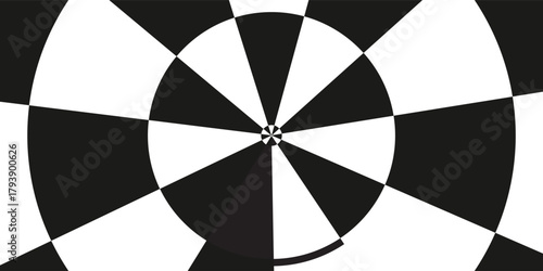 Abstract checkered circle frame vector illustration. Vintage black and white alternating square tiles circular border.