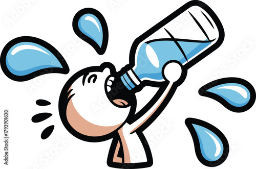 Thirsty person gulping water from a bottle with splashes