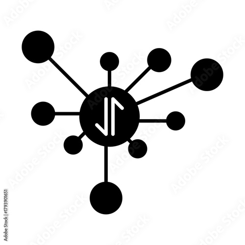 Black silhouette icon of a central hub connected to multiple nodes, symbolizing networking, data distribution, digital connectivity, communication systems, or technology integration.