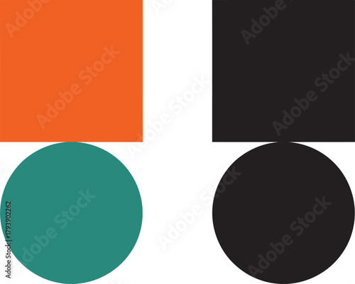 Two pairs of geometric shapes orange square over teal circle and black square over black circle