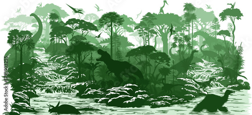 vector river in rainforest jungle with dinosaurs: t-rex, patagotitan, neovenator, styracosaurus, utahraptor, spynosaurus, ankylosaurus, triceratops, tyrannosaurus, carnotaurus, deinocheirus