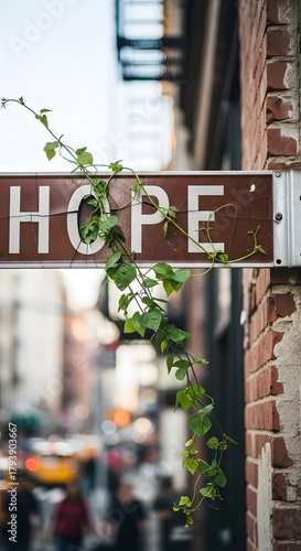 A close-up view of a sign with the word 'HOPE' attached to a brick wall, with green vines growing around it in an urban environment during daytime