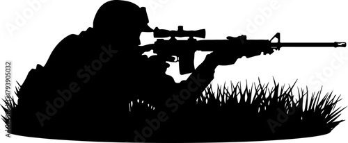 silhouette of a soldier with gun, silhouette, gun, soldier, rifle, military, weapon, war, black, person, people, illustration, vector, army, armed, shoot, shooter, music, shooting, aiming