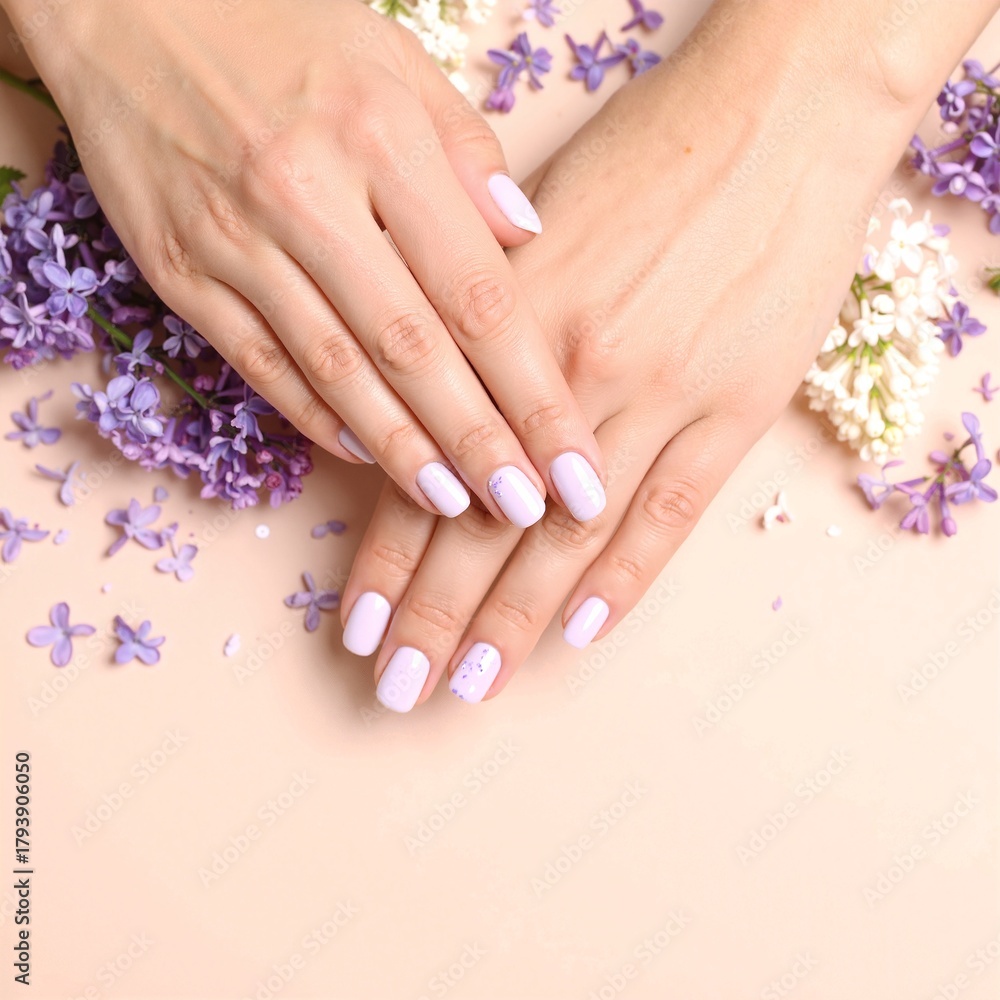 Fototapeta premium A close-up of a woman's hands showcasing beautifully manicured nails in a striking purple and white design, highlighting elegance and style.