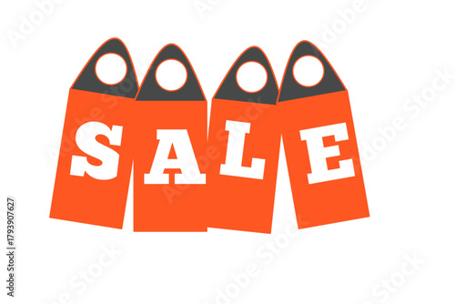A simple, illustrative vector graphic featuring four vertical price tags, hanging slightly askew. Each tag is a vibrant orange color with a dark gray top section and a white hanging hole