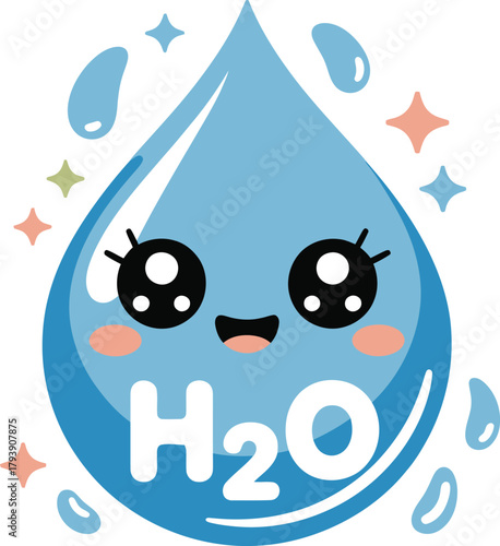 Cute kawaii h2o water droplet character with sparkling stars