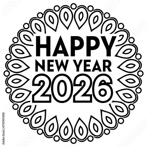 New Year 2026 Celebration: A festive circular emblem proclaims a joyous New Year with elegant typography, capturing the spirit of anticipation and hope for the coming year.