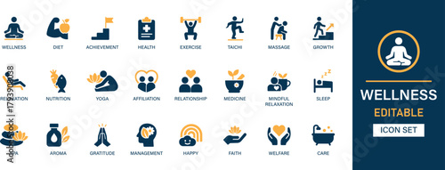 Wellness icon set collection. Diet, achievement, health, exercise, massage, growth, relaxation, nutrition, yoga and best solid icon set.