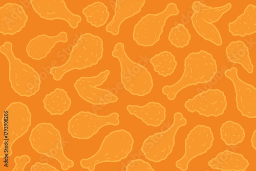Papier peint A seamless vector pattern featuring numerous brown fried chicken pieces arranged