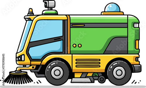 Cartoon street sweeper truck illustration for urban cleaning services.
