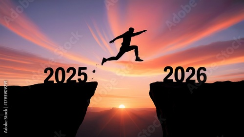 Man jumping from 2025 to 2026 over a dangerous chasm, sunset scene background.