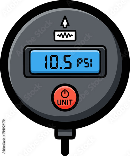 Digital Tire Pressure Gauge Displaying 10.5 PSI with Unit Button.