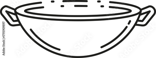 Simple black outline icon of a wide, rounded cooking vessel with handles, typical of a wok or deep frying pan, perfect for Asian cuisine or kitchen utensil illustrations.
