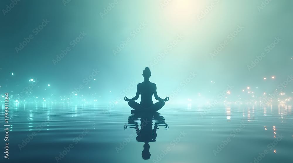 Obraz premium Serene Meditation: Silhouette in Lotus Pose on Water with Ethereal Glow