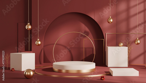 Modern 3D Christmas Room in Deep Red Color Palette
