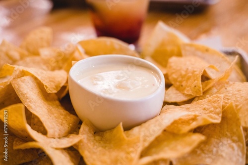 Chips and queso served at a modern Mexican restaurant 