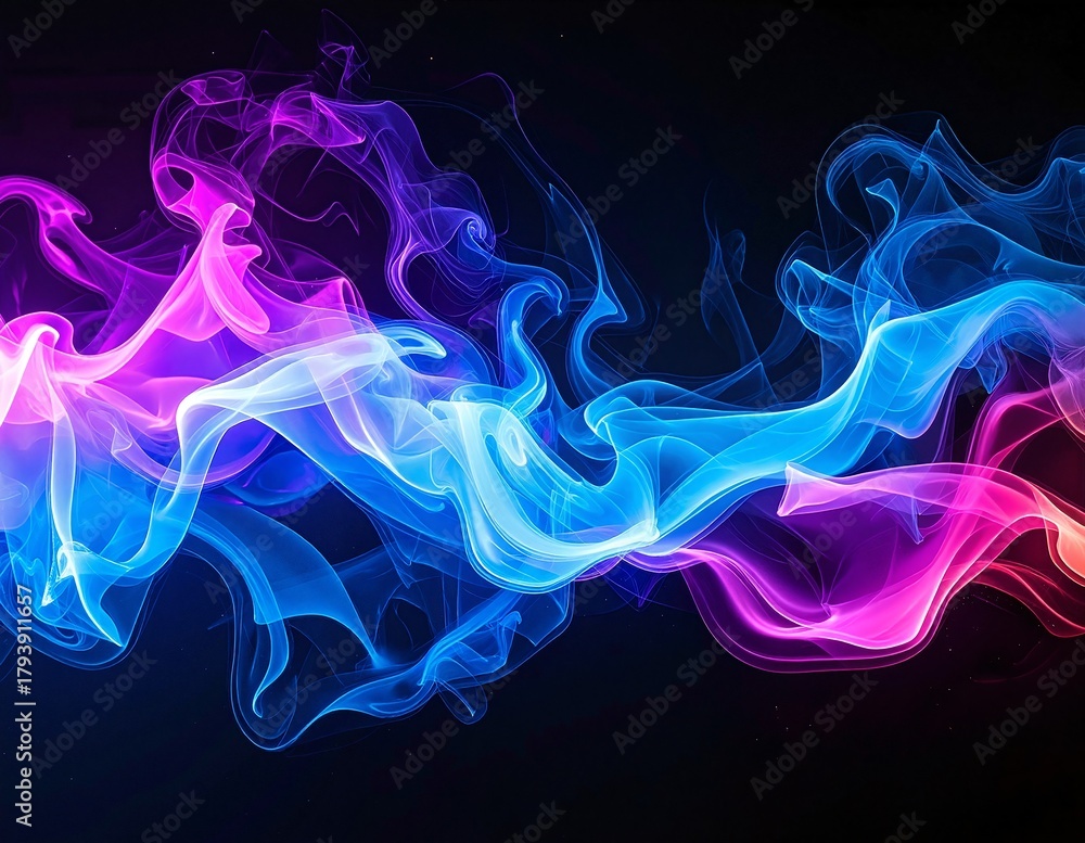 Fototapeta premium A vibrant display of swirling, colorful smoke dances gracefully against a deep black background, creating a striking contrast and mesmerizing visual effect.