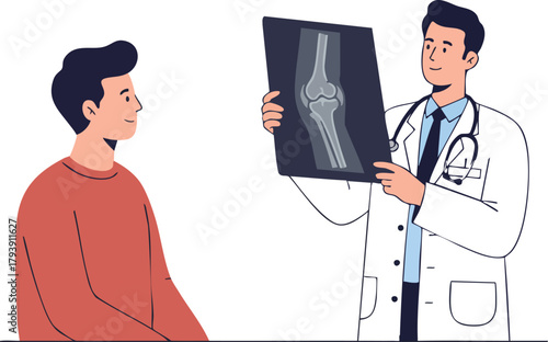 Doctor showing patient an x-ray of their knee with arthritis in a medical consultation with a professional and informative mood.