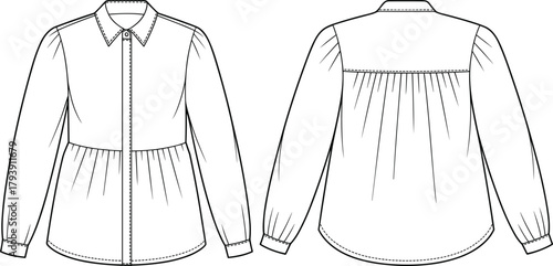 Gathered waist blouse technical flat sketch, fashion CAD drawing, vector illustration of women’s shirt design with long sleeves, collar, and cuffs