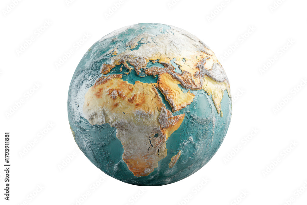 Obraz premium Detailed 3 D globe showing continents Africa Europe Middle East Asia earth world, Isolated On Transparent Background, Png Cut Out
