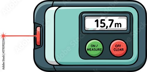 Laser Distance Meter Measuring 15.7m with Green and Red Buttons.
