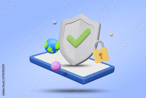 3D vector illustration rendering of cyber security concept with shield, check mark, padlock and global data protection on smartphone. Secure mobile device. Online data protection service.