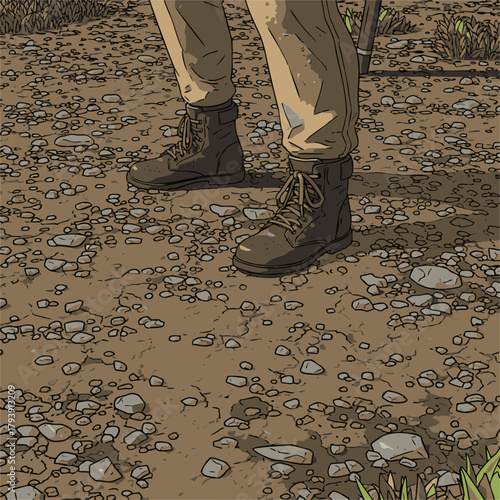 Person wearing sturdy boots standing on a rocky path.