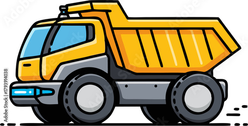Vibrant Yellow Dump Truck Illustration with Bold Outlines and Stylized Design.