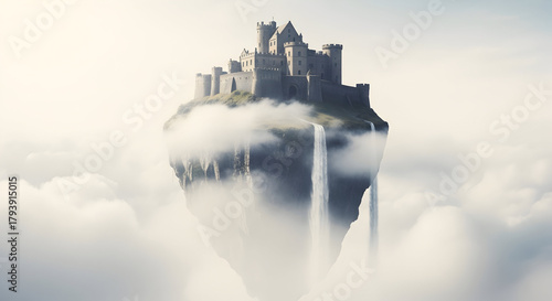 A majestic floating castle in the sky, surrounded by clouds and waterfalls