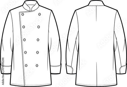 Professional chef jacket fashion flat sketch, double breasted uniform technical drawing, long sleeve kitchen coat apparel template, detailed clothing vector outline, 