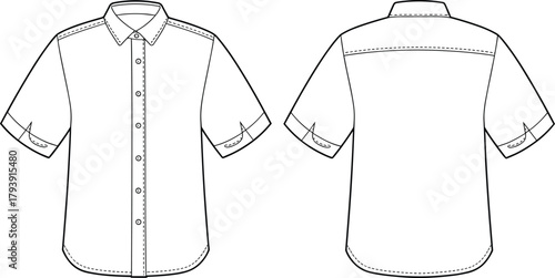 Short sleeve button up shirt technical flat sketch, front and back view, fashion CAD drawing, apparel design template, vector illustration