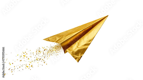Shiny golden paper plane with metallic texture and sleek folded design isolated on white background