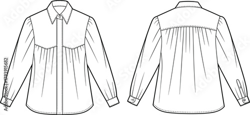 Western yoke blouse technical flat sketch, women shirt CAD drawing, vector fashion illustration with long sleeves, collar, and buttoned cuffs