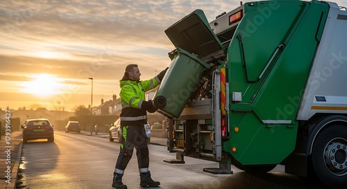 A garbage truck worker empties a trash bin in a urban area