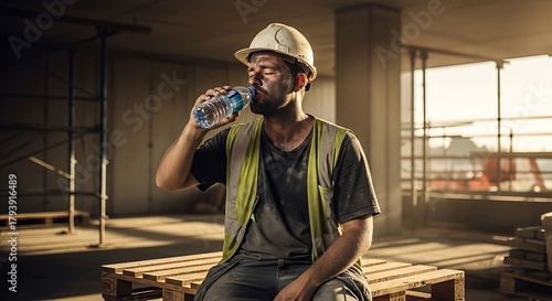 A construction worker taking a refreshing water break during a sunny day.
