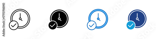 Time Management Multiple Style Icon Design Vector - clock with a check mark representing punctuality, scheduling, and effective time management