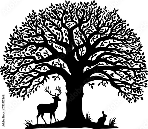 silhouette of a tree with deer