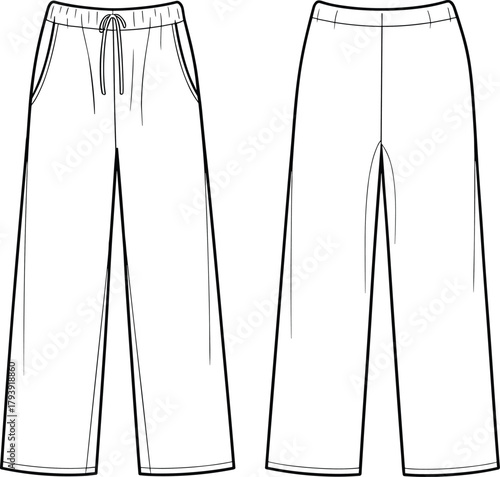Casual loose fit pants front and back view, drawstring waist trousers technical fashion flat, comfortable unisex garment clothing design vector