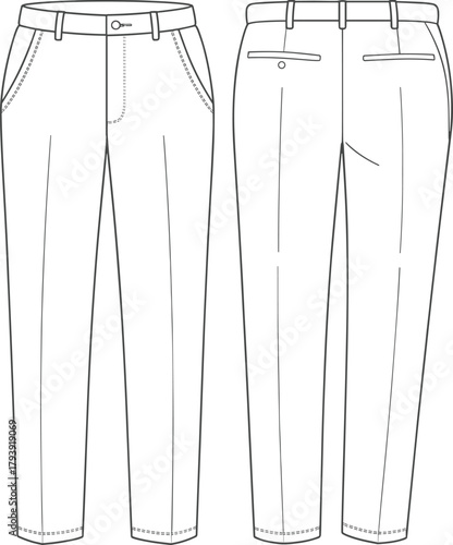 Classic men's trousers fashion flat sketch, formal pants technical drawing, detailed front and back view apparel design template, clothing vector illustration, 