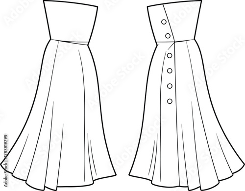 Elegant high waist flared skirt flat sketch, button front midi skirt technical drawing, fashion apparel vector design, stylish women clothing outline, CAD drawing flat vector illustration